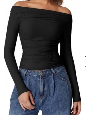 Off-Shoulder Long Sleeve Black Ruched Women's Top